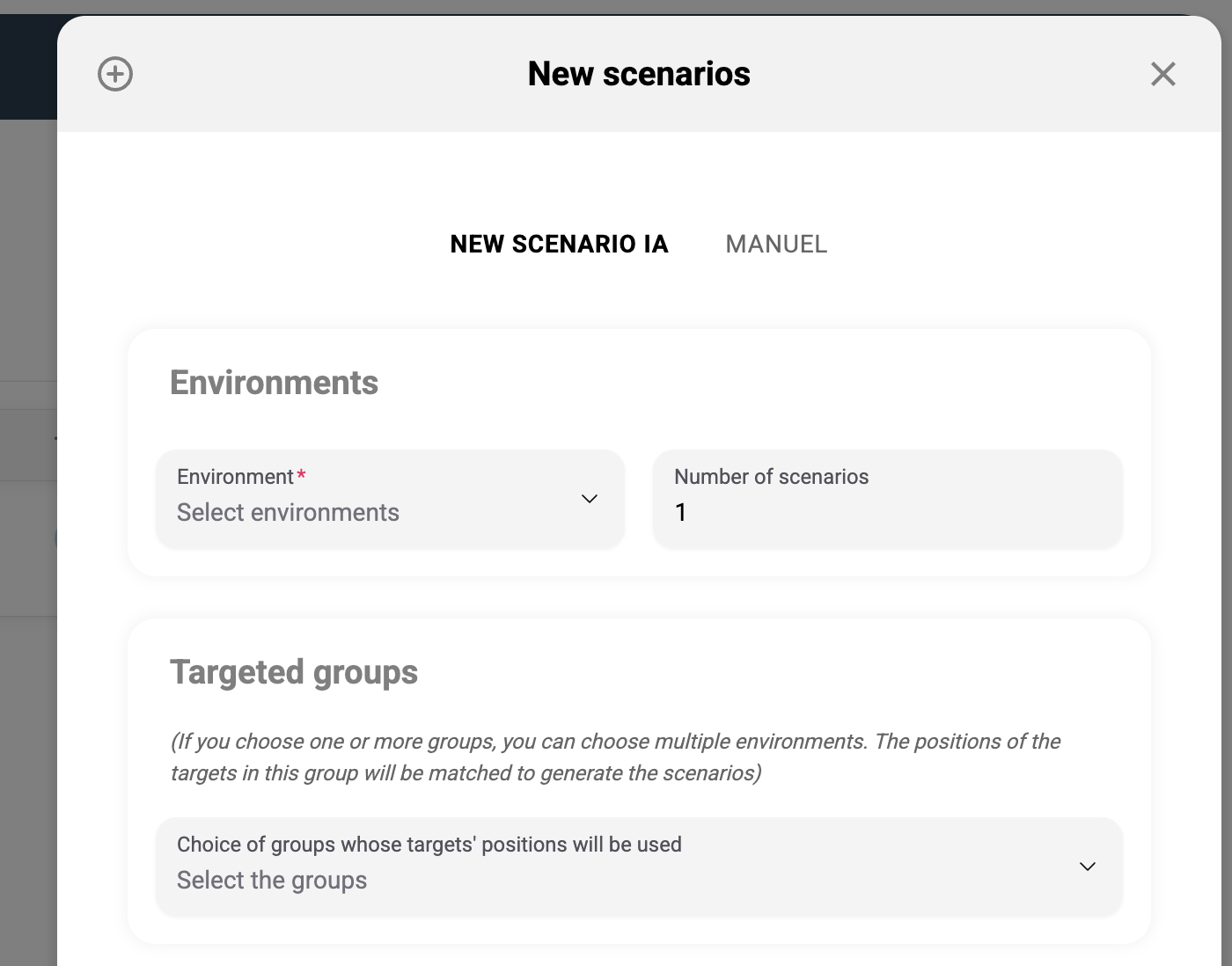New scenario dialog — AI and Manual tabs with environment and format selection